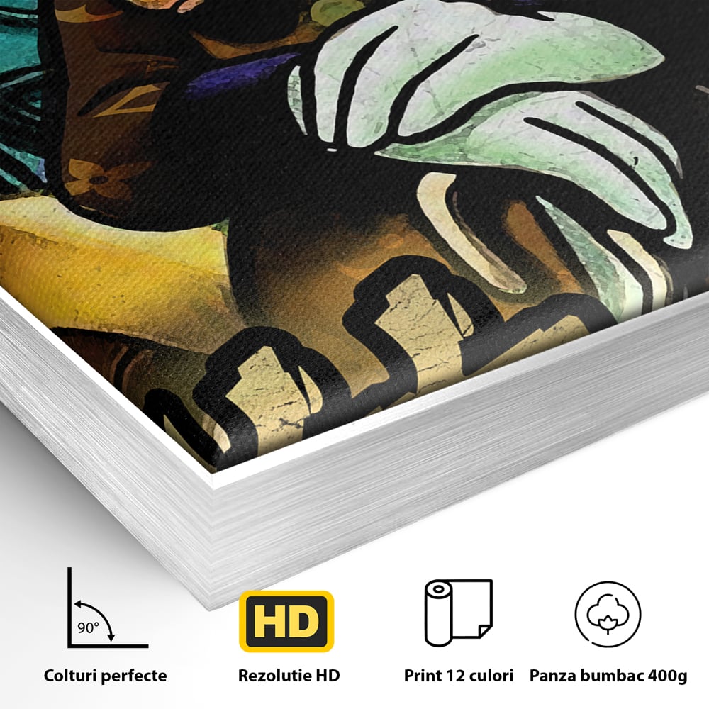 Detaliu al suprafetei: tablou canvas cu scrooge mcduck, in rama de aluminiu argintiu